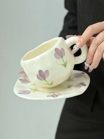 1pc Tulip Ceramic Coffee Cup With Saucer, Retro Handmade Porcelain Mugs, High Quality Cute Milk Cups For Home, Parties, Gifts Back To School | SHEIN