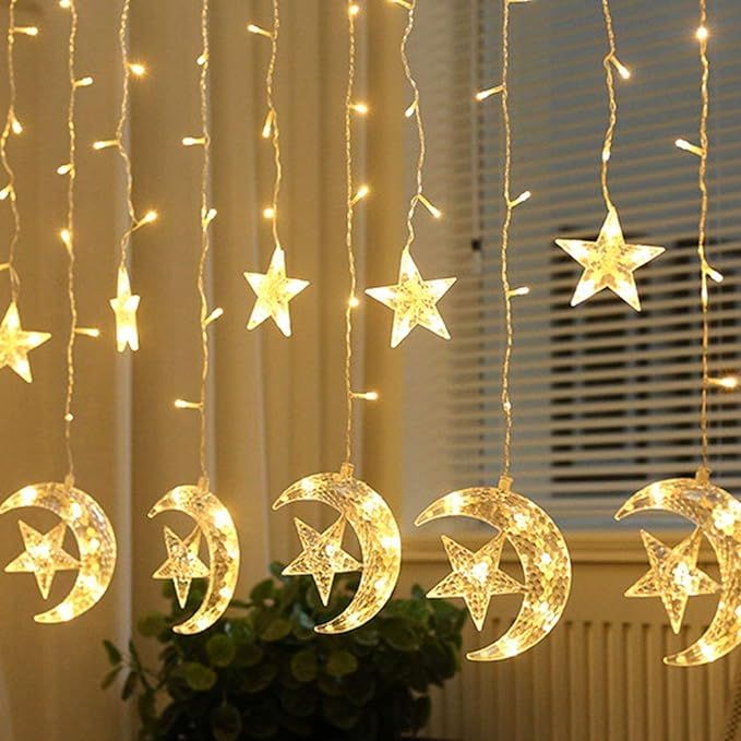 Eid Moon Curtain Lights with Star String Light,138 LED Curtain Lights,8 Modes Waterproof String L... | Amazon (UK)