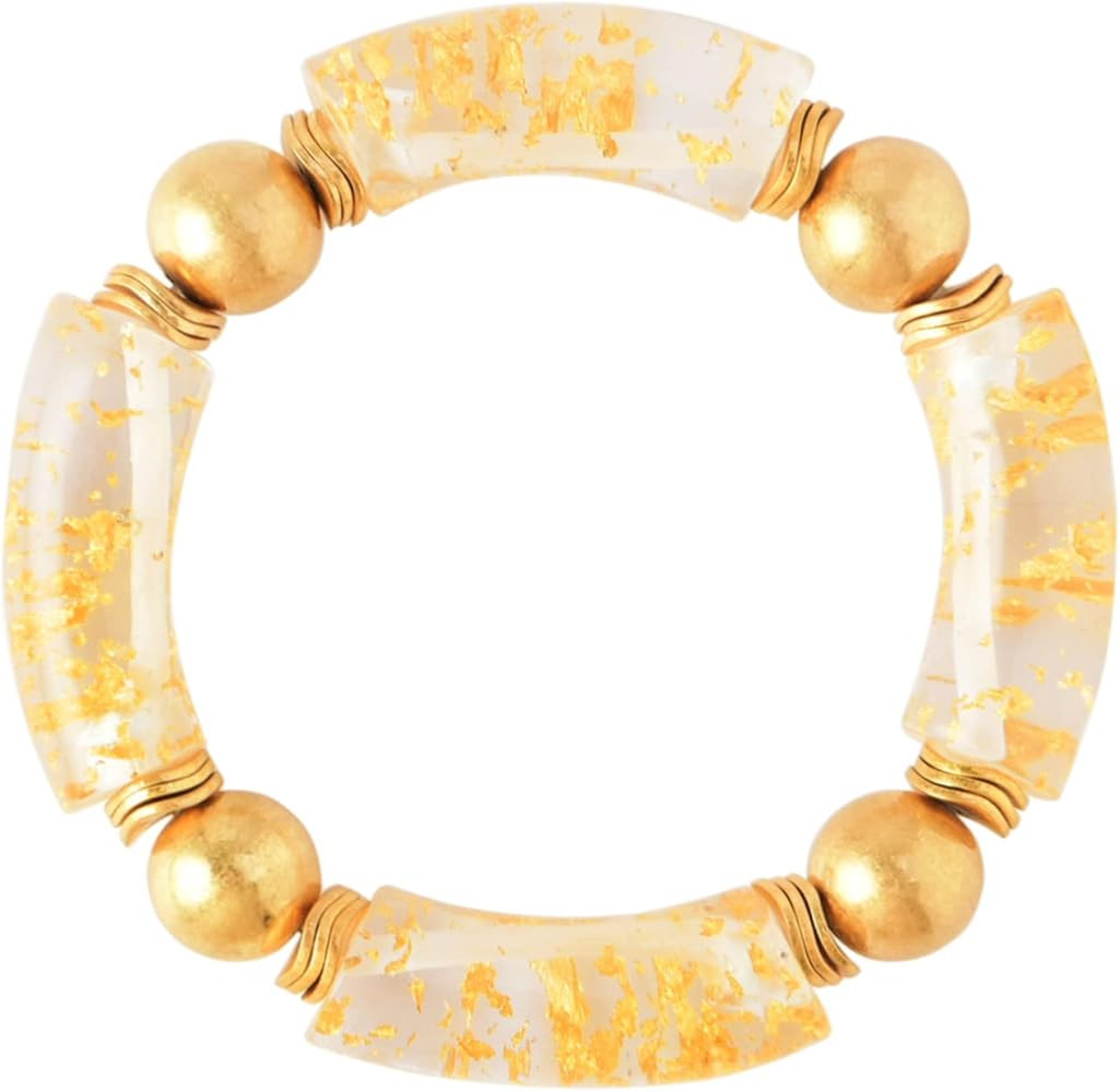 Gold Plated Beaded Acrylic Bamboo Tube Bangle Bracelets for Women, Colorful Chunky Curved Tube Wi... | Amazon (US)