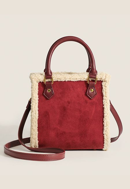 Contrast Lambswool Trim Shoulder Bag in Burgundy | Chicwish