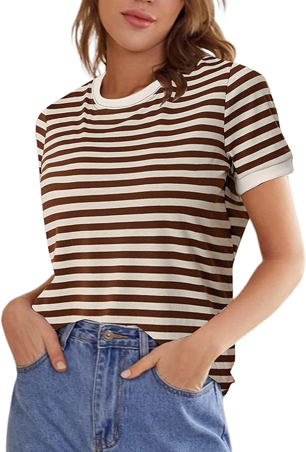 Floerns Women's Casual Striped Crew Neck Short Sleeve T Shirts Tee Tops | Amazon (US)