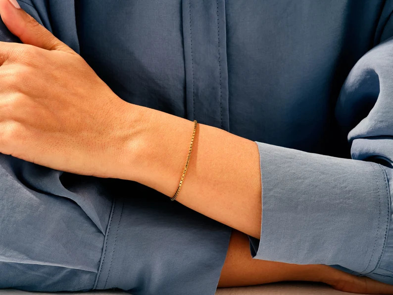 14k Solid Gold Box Chain Bracelet for Women / Simple Gold Chain Bracelet / 14k Layering Bracelet ... | Etsy (US)