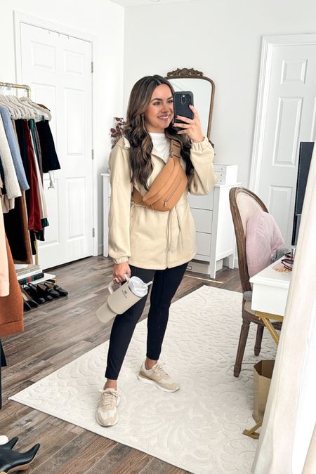 White tee size 2 TTS 
Cinch waist jacket size 4- color trench, I sized up a size so i could zip this jacket over a top
Leggings size 6 - I size up two sizes in this brand. This length is perfect for petites! Color black
Sneakers size 6.5 TTS
#LTKHoliday 

#LTKstyletip #LTKGiftGuide