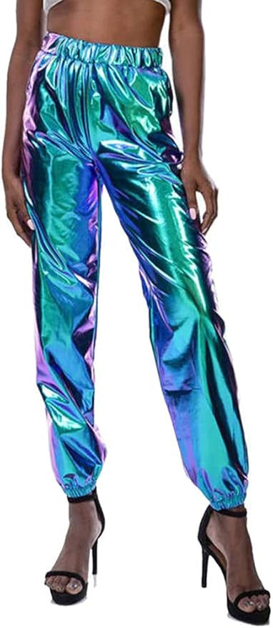 Zaxicht Women's Metallic Shinny Pants, Casual Holographic Jogger Sweatpants Punk Hip Hop Trousers... | Amazon (US)