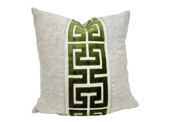 Oatmeal Linen Pillow Cover with Large Green Greek Key Trim | Etsy | Etsy (US)