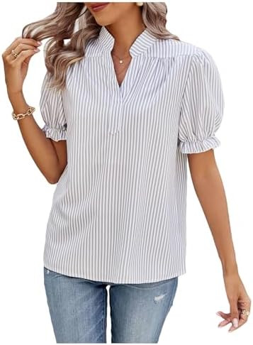 Verdusa Women's Striped V Neck Short Puff Sleeve Blouse Tops Ruffle Trim Shirts | Amazon (US)