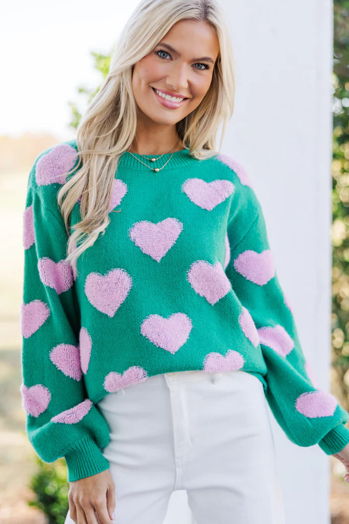 I'll Be there Green Fuzzy Heart Sweater | The Mint Julep Boutique