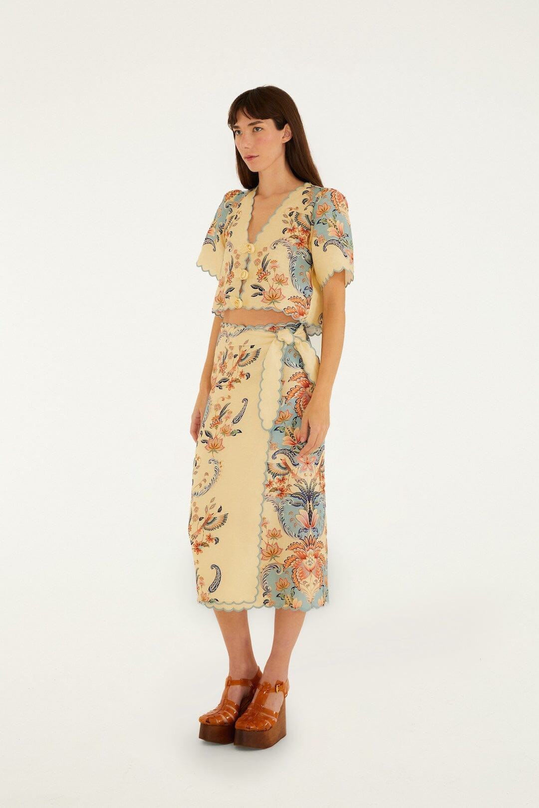 Butter Yellow Boho Beauty Euroflax Premium Linen Midi Skirt | FARM Rio | FarmRio (US)