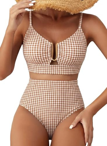 Herseas Women's Two Piece High Waisted U Wire Bikini Sets Floral Print V Neck Swim Suits Crisscross Back 2026 Beach Summer Bathing Suit Classic Pool Party Outfits Brown Checkerboard Medium | Amazon (US)