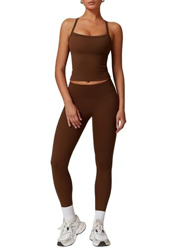 ABOCIW Workout Sets for Women 2 Piece Padded Sports Bra Tank Top High Waist Leggings Sets Active Gym Yoga Work Out Clothes Brown X-Large | Amazon (US)