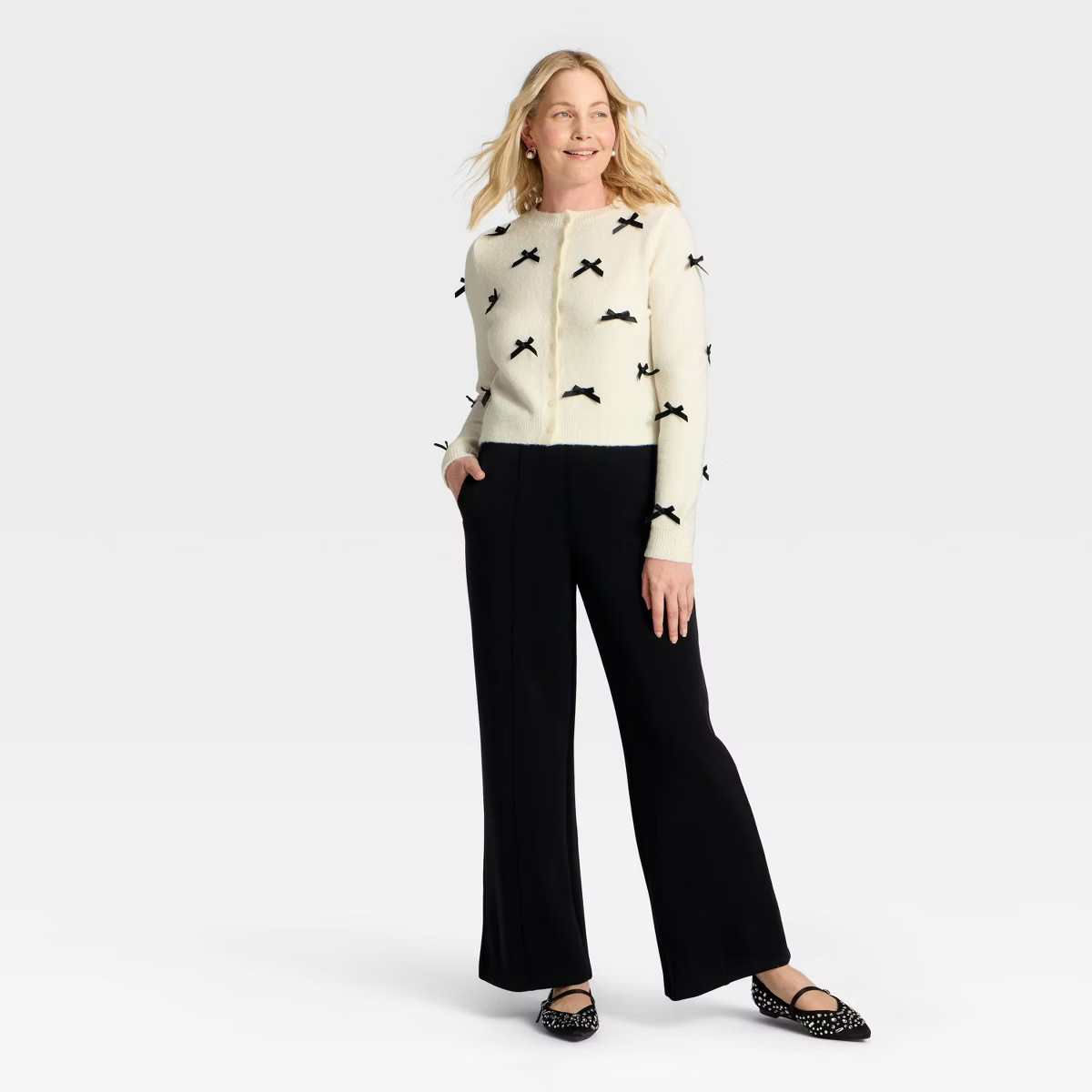 Women's Long Sleeve Party Cardigan Sweater - A New Day™ Cream/Black M | Target