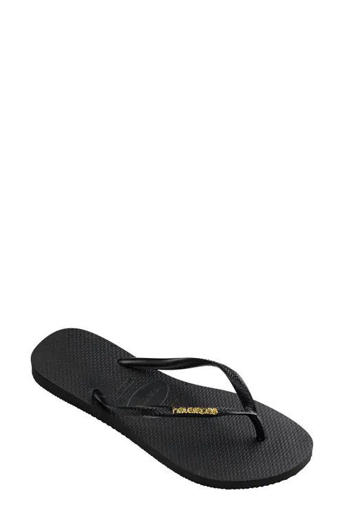 Havaianas Slim Logo Flip Flop in Black/Golden at Nordstrom, Size 9 | Nordstrom