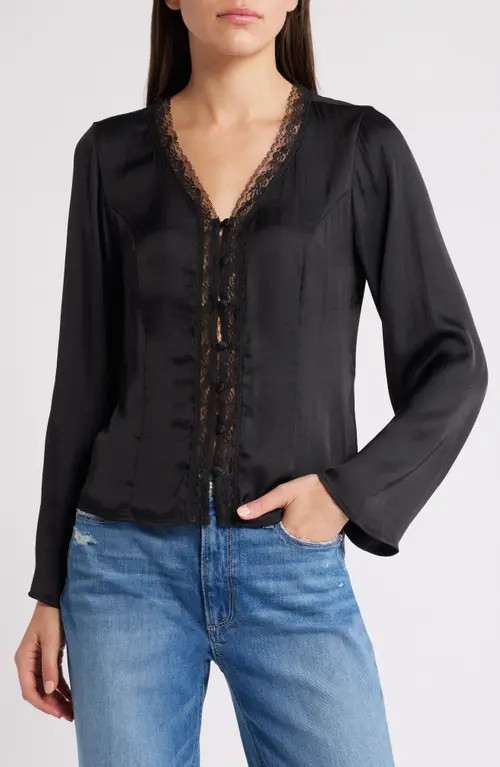 Treasure & Bond Lace Trim Satin Button-Up Shirt in Black at Nordstrom, Size Small | Nordstrom