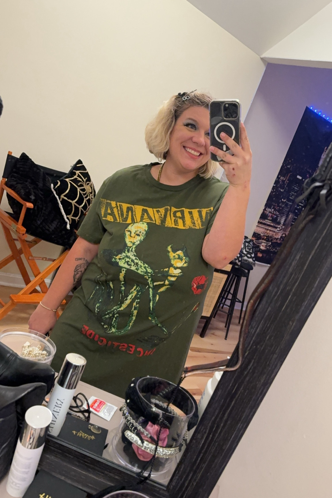 Comfy T-shirt dress / cotton shirt / oversized tee / graphic tee / nirvana t shirt / tee shirt dress / long t shirt / jewelry / costume jewelry / black and gold jewelry / hair accessories / headbands / Amazon storage / bedroom decor / vanity mirror / photography backdrop / directors chair / home decor 

#LTKMidsize #LTKHome #LTKFindsUnder50