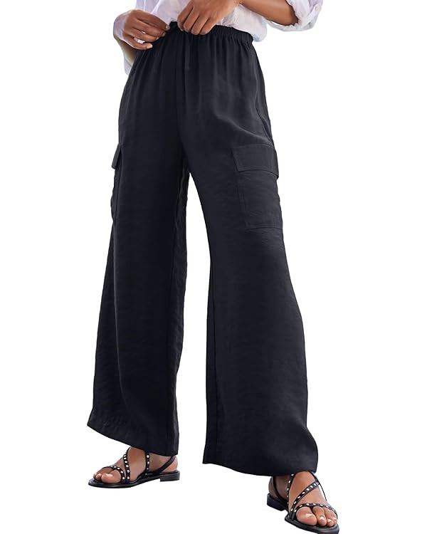 EVALESS Women Palazzo Pants Summer Casual Wide Leg High Waist Lounge Flowy Beach Trousers Travel ... | Amazon (US)