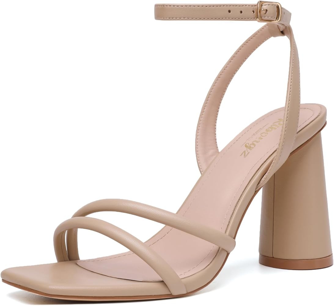 RIBONGZ Block Heels Prom Heeled Sandals for Women Chunky Square Open Toe Strappy High Heels Ankle... | Amazon (US)