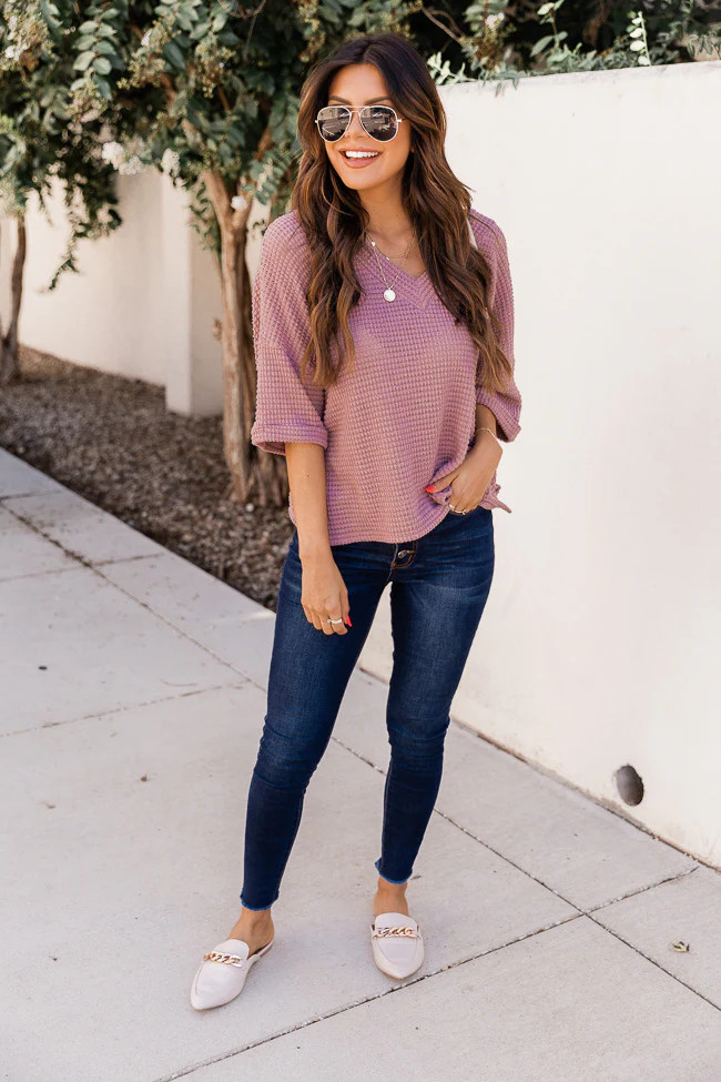 From Out Of Town Waffle Knit Mauve Pullover | The Pink Lily Boutique