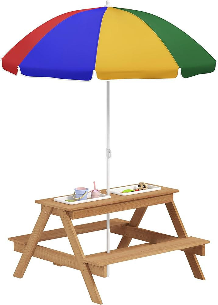 Qaba Kids Picnic Table, Wooden Outdoor Table & Bench Set with Removable Umbrella, Children Sand a... | Amazon (US)