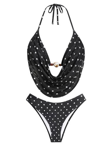 ZAFUL Women's Two Piece Bikini Sets Triangle Halter Swimsuit Deep V Cowl Neck Ruching Bathing Suits Black Polka Dots M | Amazon (US)