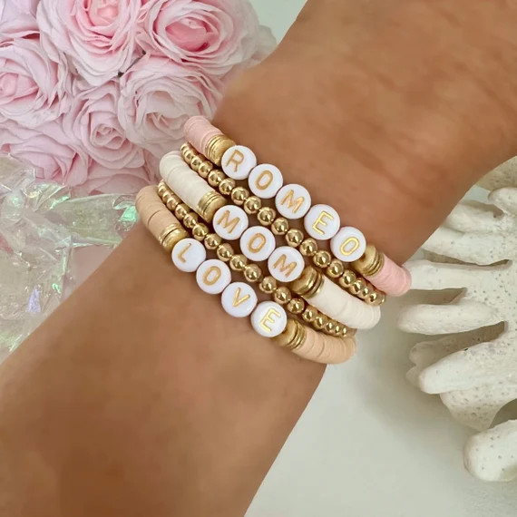 Champagne Gold Disc Heishi Bracelet  Personalized Name | Etsy | Etsy (US)