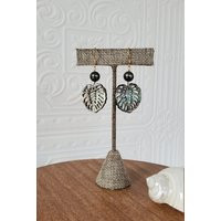 Mother Of Pearl Leaf & Tahitian Black Drop Earrings, Monstera Pearl Dangle Earrings | Etsy (US)