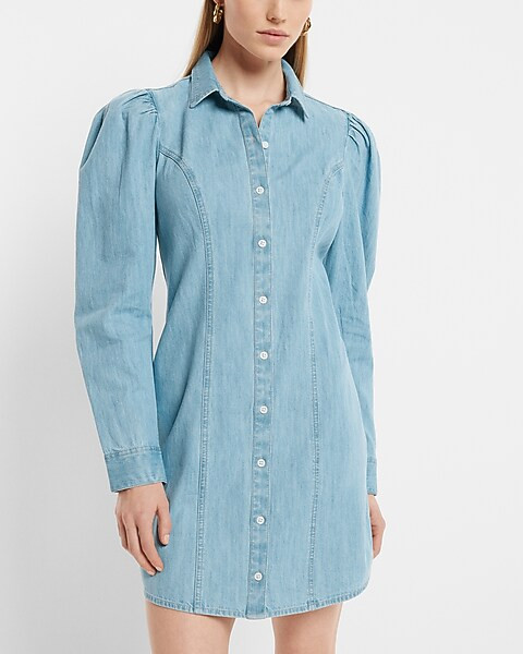 Denim Puff Sleeve Button Front Mini Shirt Dress | Express