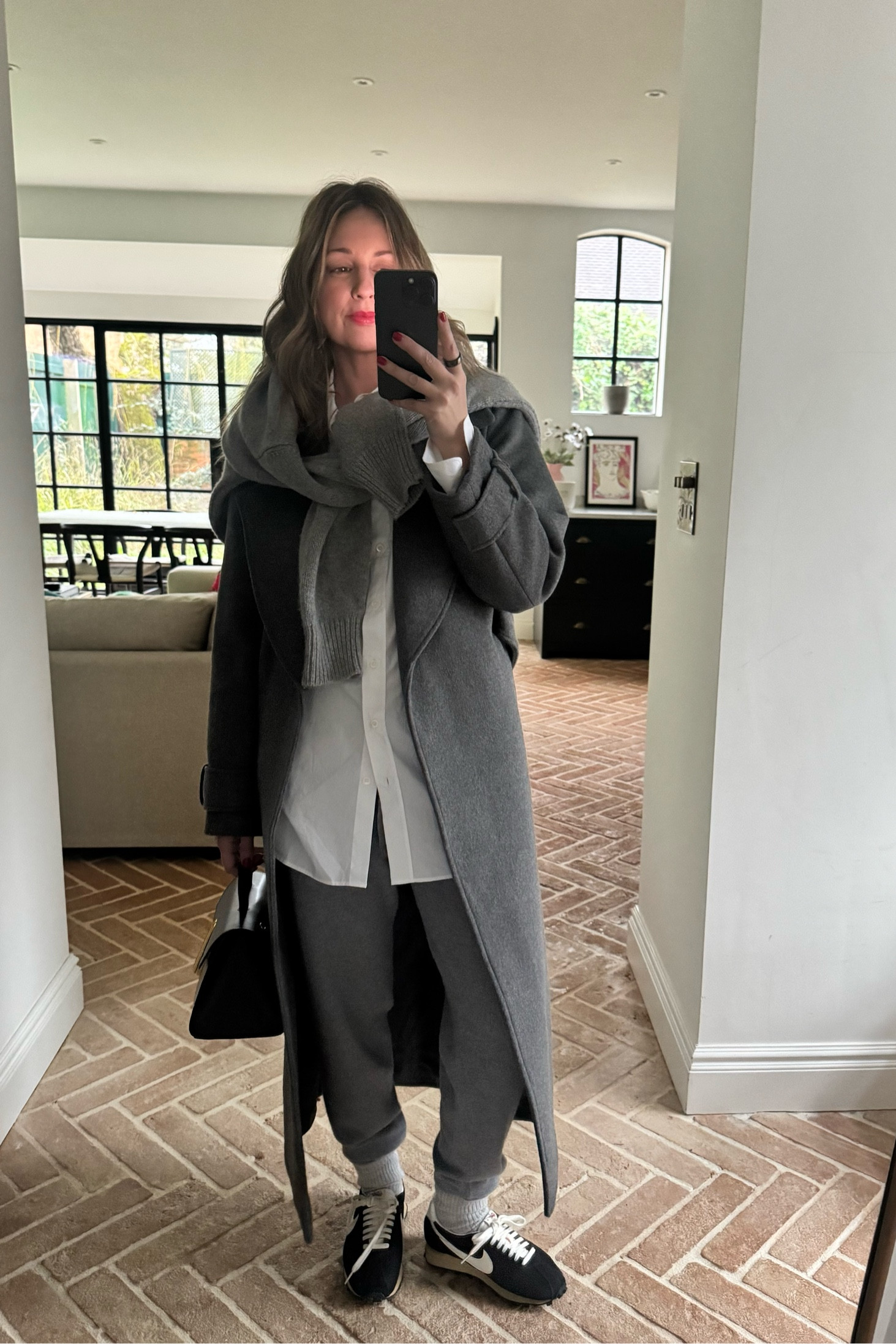 Casual Sunday Outfit | Cashmere Joggers | White Shirt | Nikes | Bag | Grey Coat | Wool Coat 

#LTKwinter #LTKstyletip #LTKgrwm