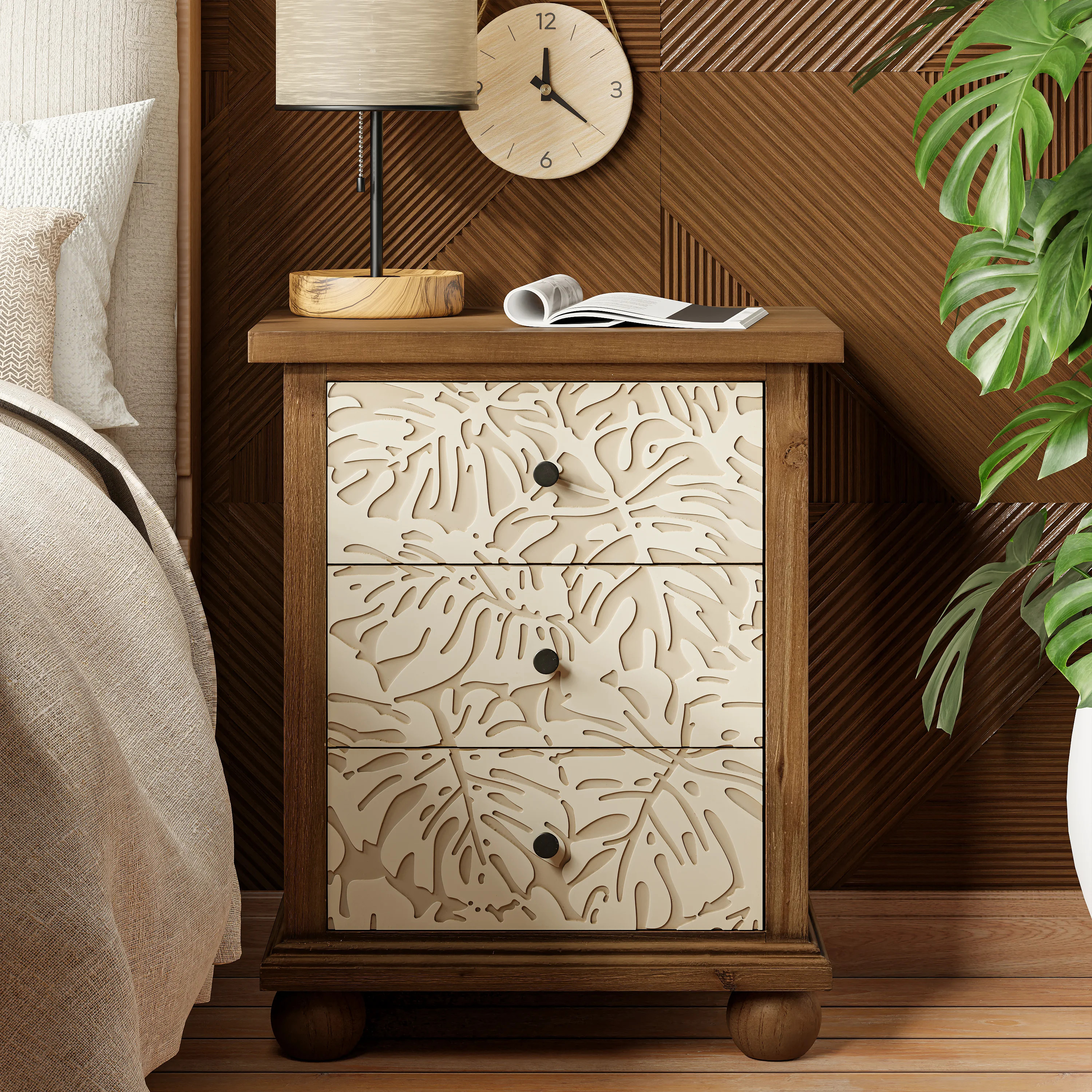 Marro Rustic Farmhouse 3-Drawer Nightstand With Leaves Pattern Carved | Wayfair North America
