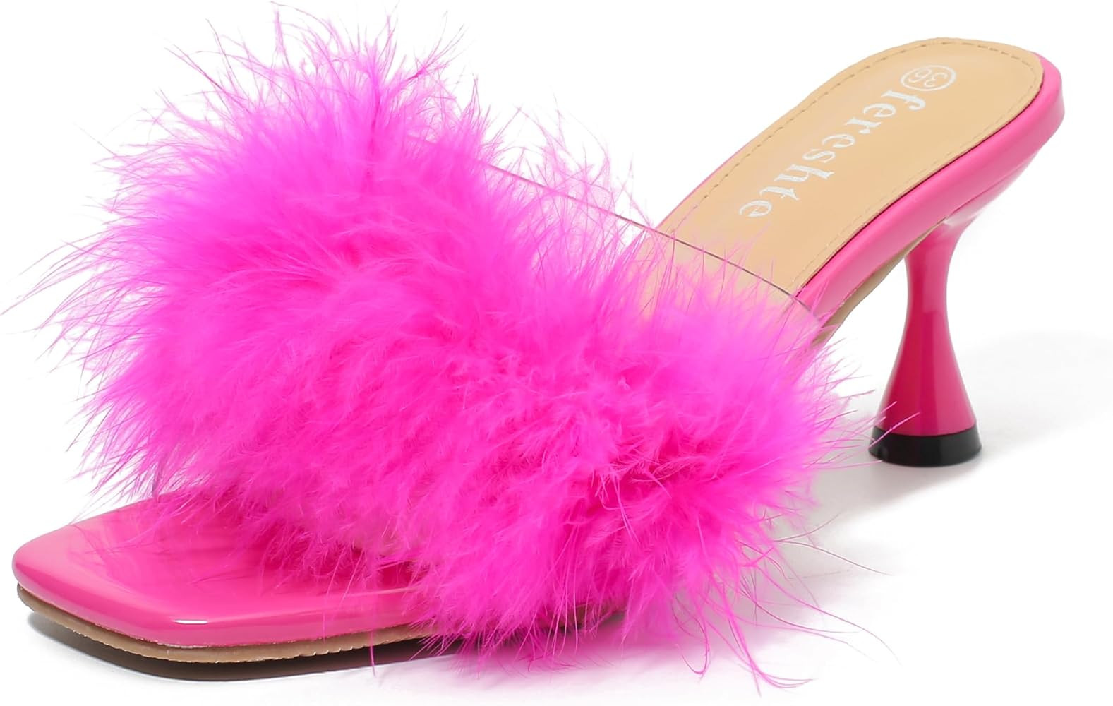 fereshte Women's Feather Heels Sandals Fluffy Fur Clear Strap Slip On Square Toe Kitten Mules | Amazon (US)