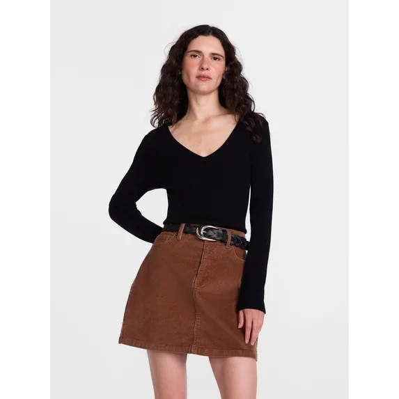 Scenario Women's V-Neck Ribbed Sweater with Long Sleeves, Lightweight, Sizes XS-XXXL | Walmart (US)