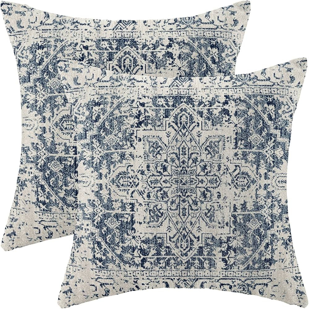 Boho Pillow Covers 20x20 Set of 2, Ethnic Design Decorative Throw Pillows Linen Blue Carpet Patte... | Amazon (US)