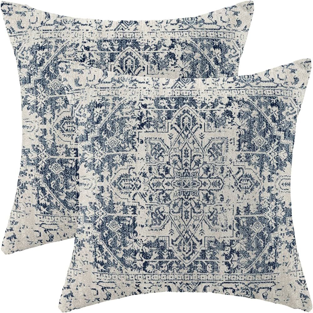 Boho Pillow Covers 20x20 Set of 2, Ethnic Design Decorative Throw Pillows Linen Blue Carpet Patte... | Amazon (US)