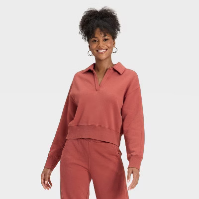 Women's Fleece Polo Sweatshirt - Universal Thread™ Rust L | Target