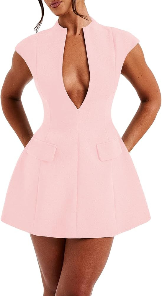 LuFeng Women's Summer Sexy Cap Sleeve Deep V Neck Zipper A-line Mini Dress Hollow Bodycon Night O... | Amazon (US)