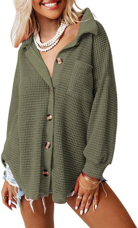 SHEWIN Womens Waffle Knit Button Down Shirts Casual Long Sleeve Shacket Jacket Boyfriend Tops Blo... | Amazon (US)