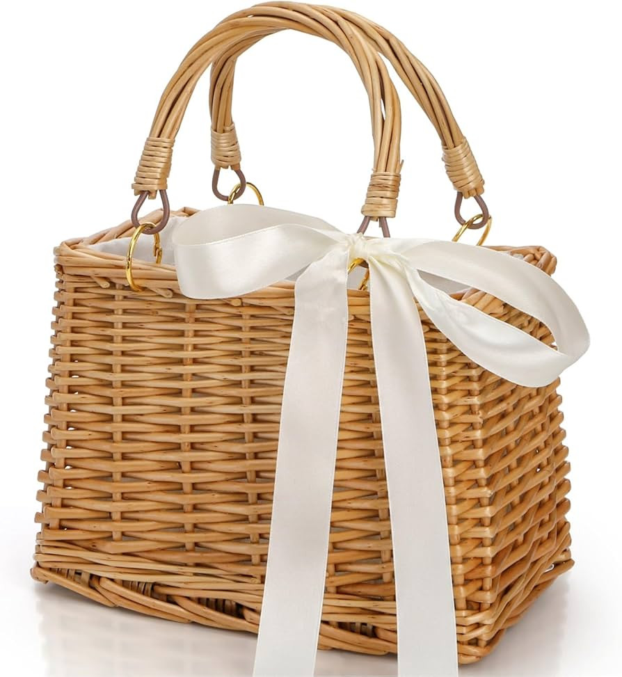 Pumtus Handwoven Rattan Handbag, Wicker Rectangle Basket Purse with White Ribbon, Summer Beach To... | Amazon (US)