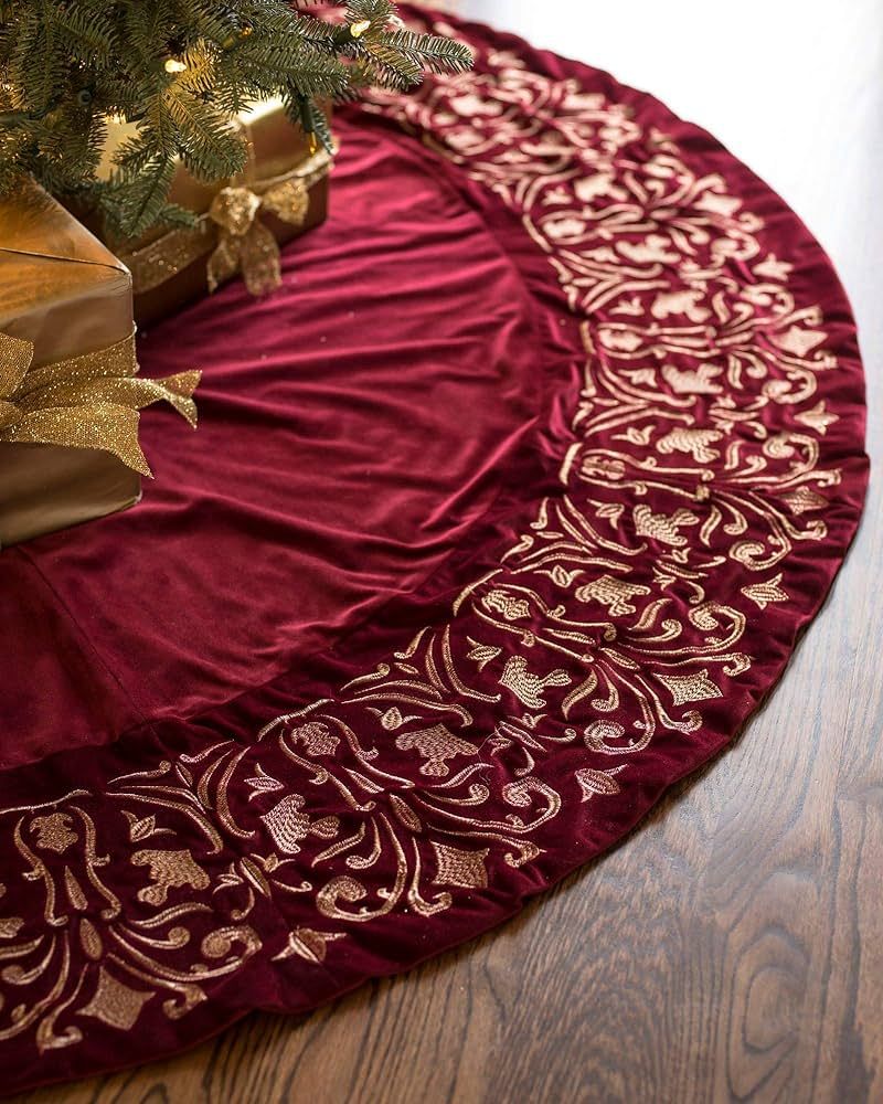 Balsam Hill Luxe Embroidered Velvet Tree Skirt, 72 inches, Wine | Amazon (US)