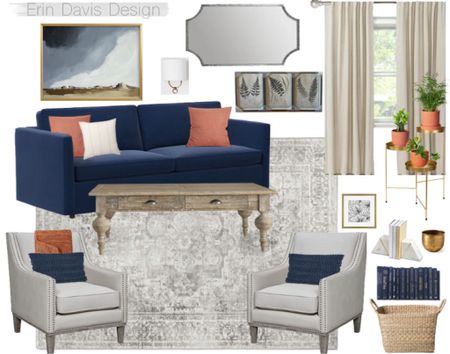 Living room, blue sofa, orange pillow, wall art, wall sconce, drapes, white arm chair, basket, frame, wall mirror, bookend, home decor, home update 