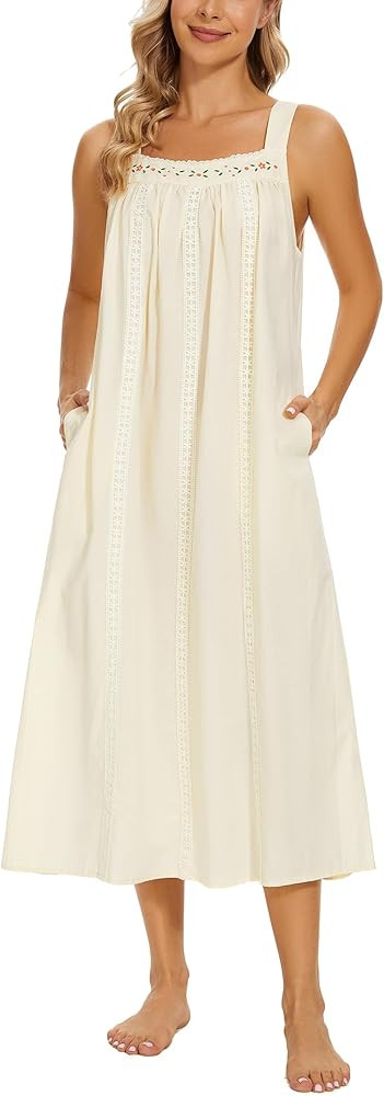 YOZLY Cotton Nightgowns for Women Embroidery Sleeveless Night Gown with Pockets S-XXL | Amazon (US)