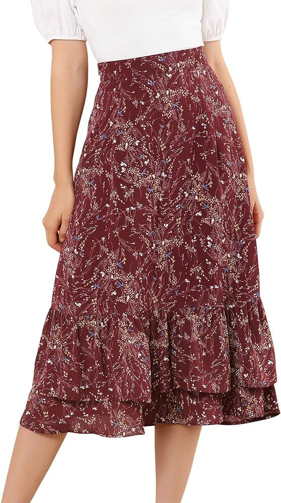Allegra K Women's Printed Skirt Chiffon Elastic Waist Ruffle Tiered Flowy Midi Skirts | Amazon (US)