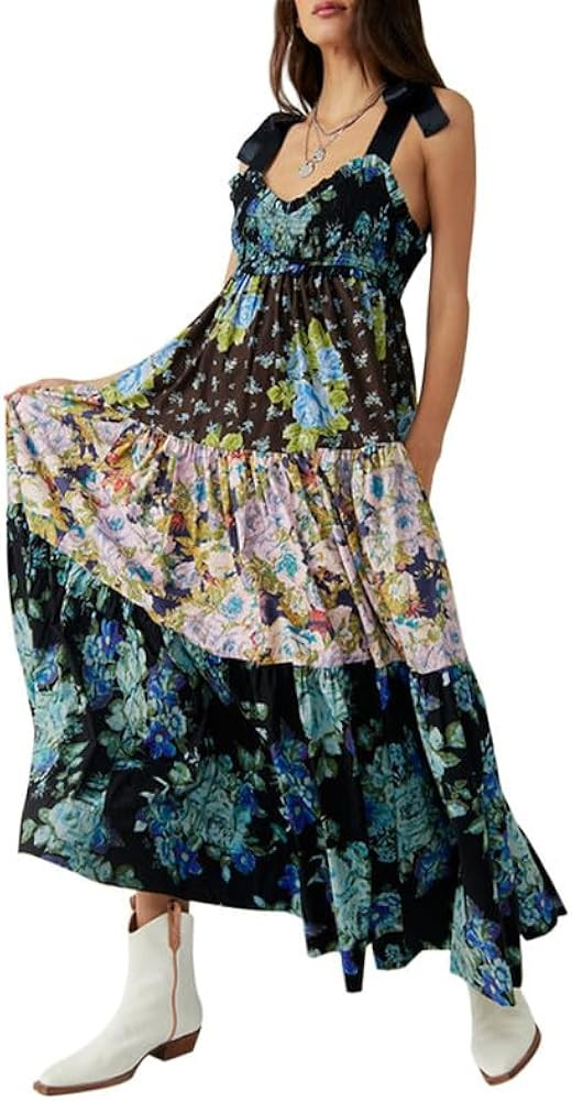 Women Tie Shoulder Graphic Boho Maxi Dress Sleeveless Flowy Tiered A Line Dress Summer Vocation G... | Amazon (US)