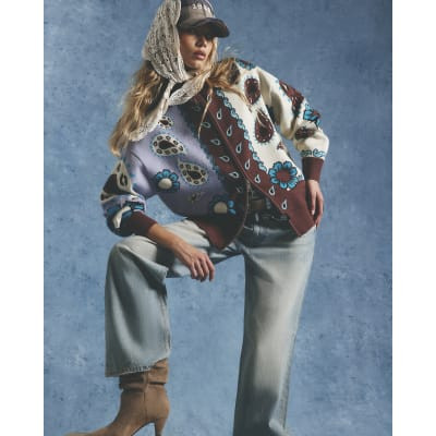 Blue Paisley Zip Through Knitted Cardigan | River Island UK & IE