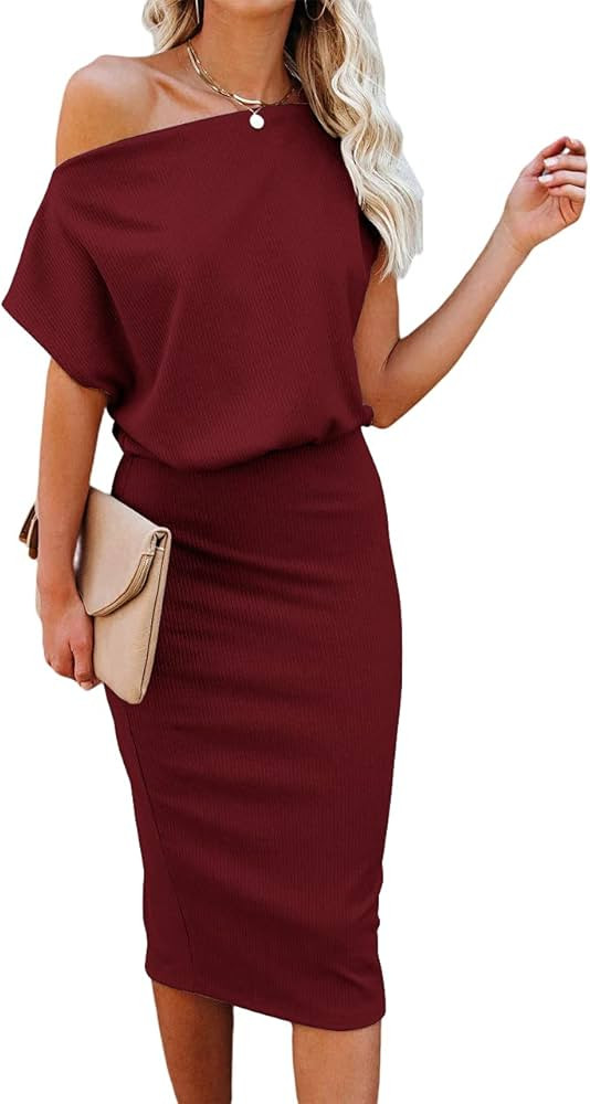 REVETRO Women's Off The Shoulder Dresses Short Sleeve Casual Summer Bodycon Party Pencil Midi She... | Amazon (US)
