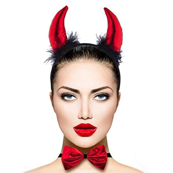 Lux Accessories Red Fluffy Devil Ears Stretch Headband Bowtie Bendable Tail Halloween Holloween Cost | Amazon (US)