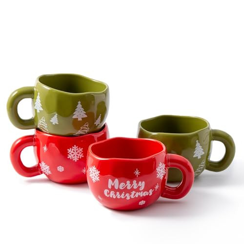 YumiPLUS 4pcs Cute Ceramic Coffee Mug, 9.4OZ Handmade Porcelain Tea Mugs, Ceramic Cup Sets for Matcha, Dishwasher & Microwave Safe, Christmas Gift(Christmas Tree) | Amazon (US)