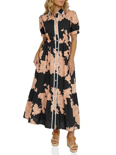Wenrine Womens Casual Shirt Dress Floral Collared Short Sleeve Button Down Drawstring Waist Loose... | Amazon (US)