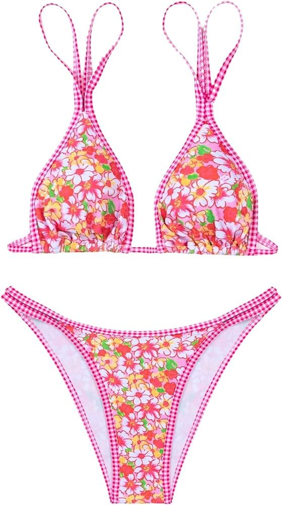 MakeMeChic Women's Two Piece Bathing Suit Floral Triangle Swimsuit High Cut Tie Side Bikini Sets | Amazon (US)