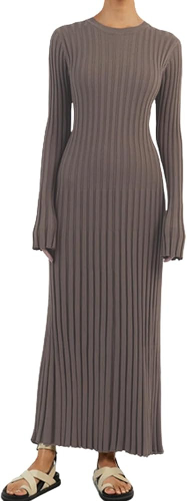 WZTYYDS Women Fall Long Sleeve Knit Dress Elegant Bodycon Dress Crew Neck Ribbed Solid Long Dress... | Amazon (US)