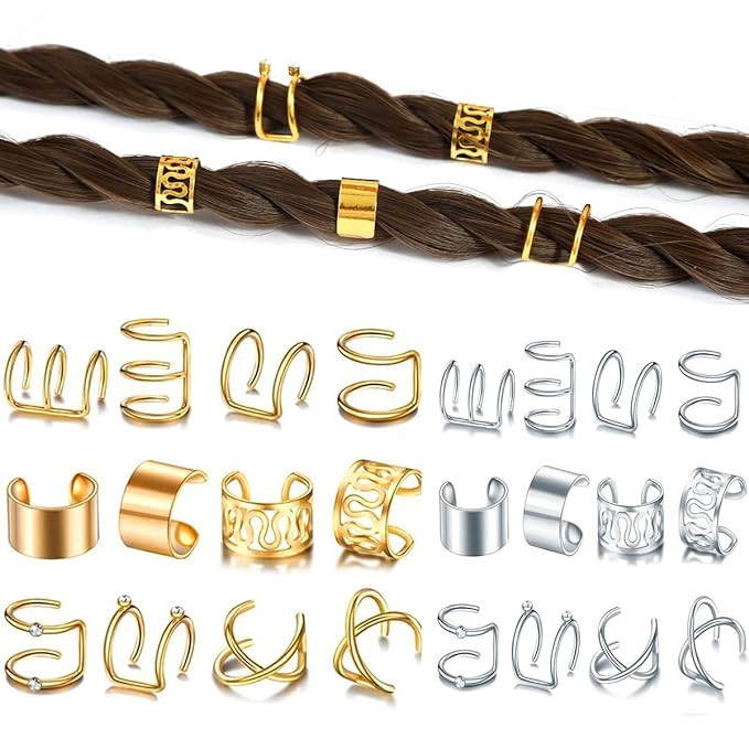 24 Pcs Gold Silver Hair Braids Dreadlock Non-Piercing Ear Clip Beard Beads Cuffs Clip Hair for Wo... | Amazon (US)