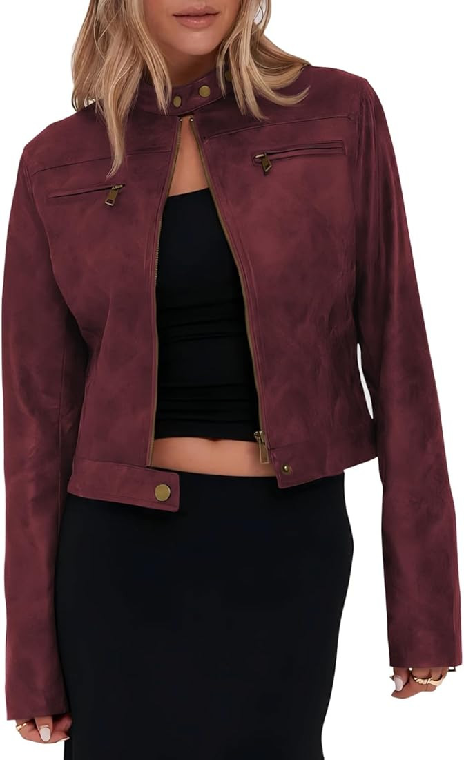 Onedreamer Women's Faux Leather Cropped jackets Casual Vintage Zip Up Stand Collar Motorcycle Sho... | Amazon (US)